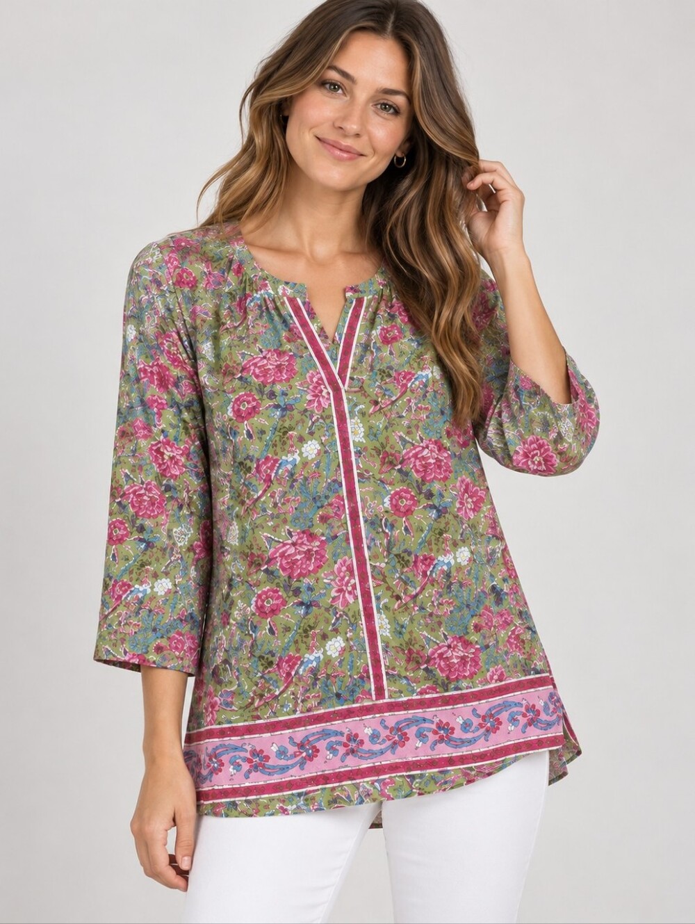 Lola Australia Green Pink Boho Printed Blouse Size XS Xsmall
